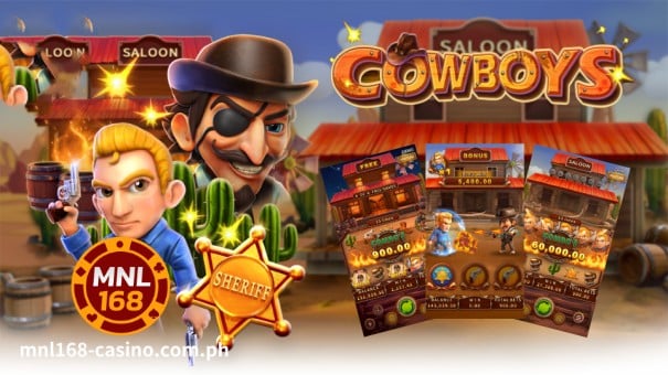 Ang background ng laro ng MNL168 Casino Cowboys slot machine game ay nagaganap sa labas ng pinto ng isang American-style Western bar.